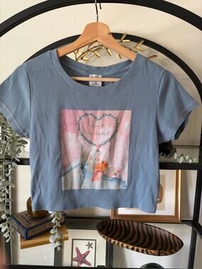 BOYS LIE Save Yourself Graphic Ribbed Baby Tee Crop Top Blue XS Angel Y2K